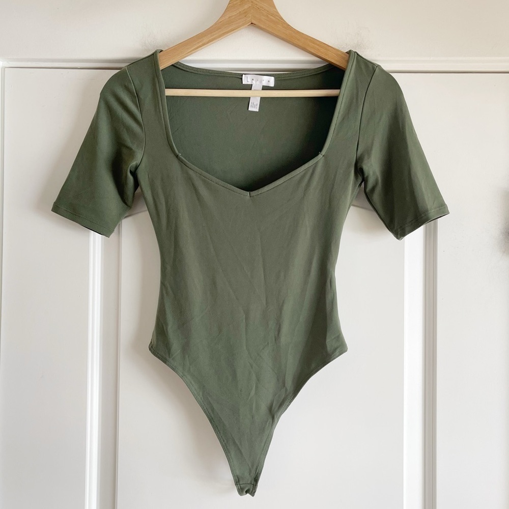 Leith Olive Green 3/4 Sleeve Thong Bodysuit - XXS